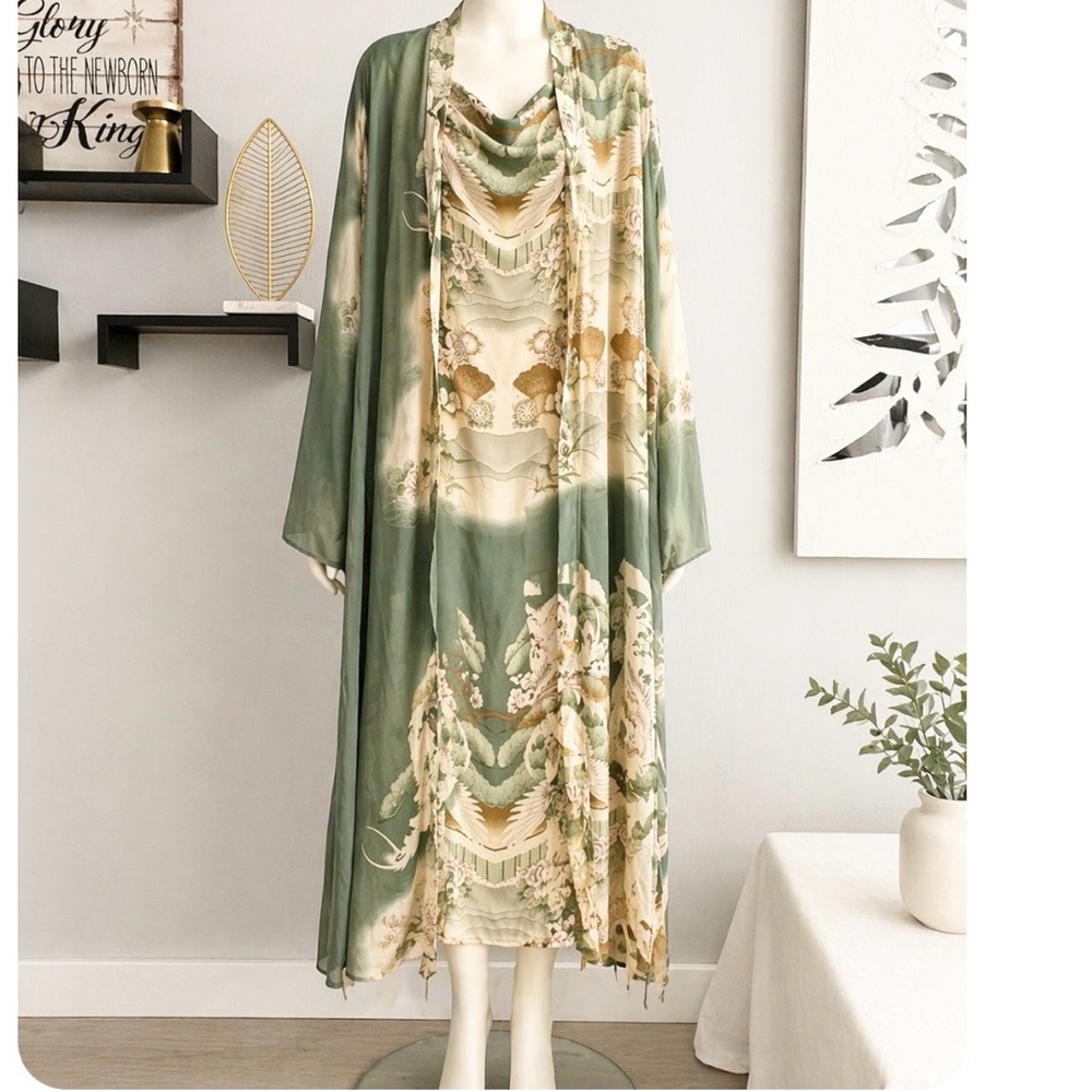 Citron Silk 2-Piece Kimono Duster & Dress Set
Green/Cream Floral Print Size S